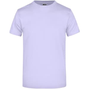 A lavender t-shirt with short sleeves, featuring a simple design and a branding label on the inside.
