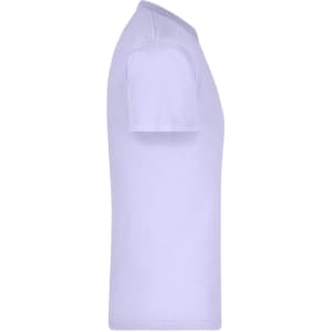 A side view of a light purple t-shirt with short sleeves, featuring a logo on the chest area.