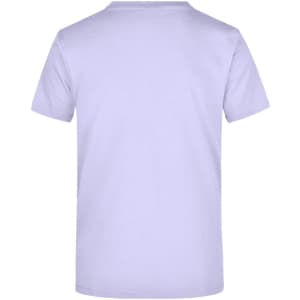 A purple t-shirt with short sleeves and a plain back, featuring a logo at the front.