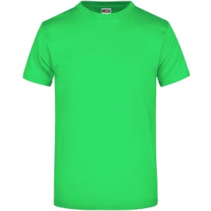 A bright green T-shirt with a crew neck and short sleeves, featuring a logo.