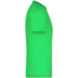 A bright green t-shirt displayed from the side, featuring a logo on the upper left.