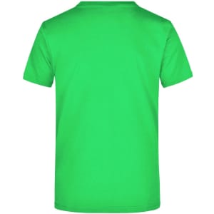 A bright green T-shirt with a simple design and no visible branding, shown from the back.