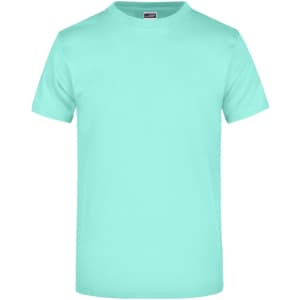 A mint green t-shirt with a round neck and short sleeves, featuring a logo on the label.