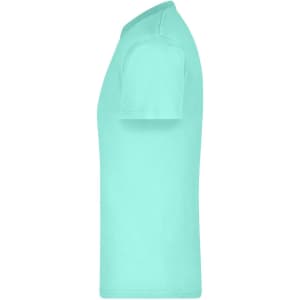 A mint green t-shirt displayed from the side, featuring a simple design and a logo on the front.