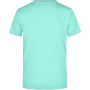 A mint green T-shirt with a round neckline and short sleeves. It features a logo on the back.
