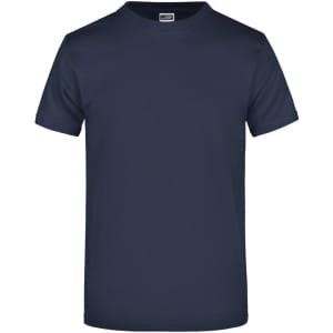 A navy blue t-shirt featuring a crew neckline and short sleeves, with a visible logo on the label.