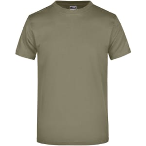 A plain olive green t-shirt with short sleeves and a round neckline. The shirt features a logo.