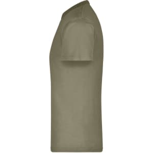 A plain olive green T-shirt displayed from the side, featuring a simple design and a branding logo.
