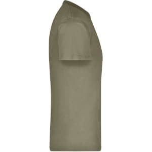 A side view of a round-neck, short-sleeve t-shirt in olive green, featuring a logo.