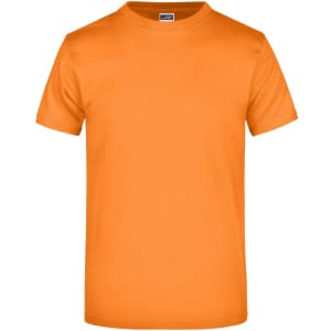 An orange t-shirt, short-sleeved, featuring a logo on the label. Suitable for casual wear.