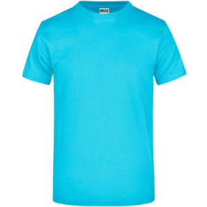 A vibrant turquoise t-shirt with short sleeves and a round neckline. It features a logo on the label.