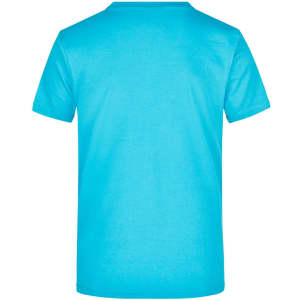 A blue t-shirt with a round neck and short sleeves, featuring a plain back. Contains branding.