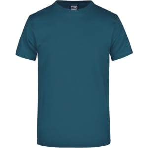 A teal t-shirt with short sleeves and a crew neck, featuring a logo on the label.