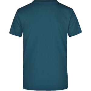 A teal round-neck T-shirt with short sleeves and a plain back, featuring a logo.