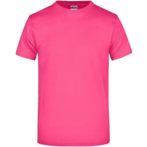 A bright pink t-shirt in a classic style, featuring short sleeves and a round neck. It includes a logo.
