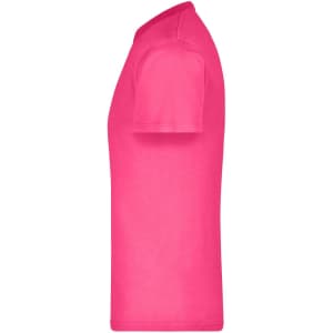 A pink T-shirt with short sleeves and a classic fit, featuring a logo on the side.