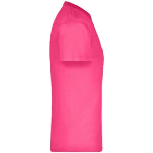 A bright pink T-shirt displayed on its side, featuring a simple design and no visible logos.