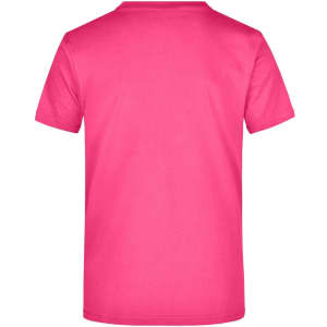 A pink t-shirt in a plain design, featuring a smooth back and short sleeves. It has a logo on the label.