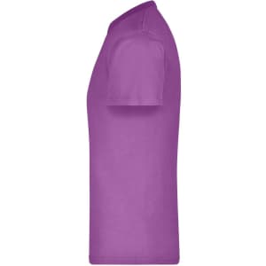 A purple T-shirt with short sleeves and a crew neckline, featuring a brand logo.