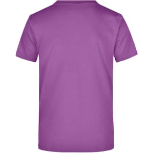 A purple t-shirt with a round neckline and short sleeves, featuring a logo on the back.