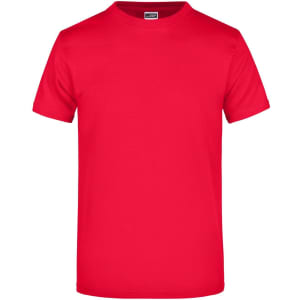 A plain red t-shirt with a crew neck and short sleeves, featuring a label inside and a logo on the neck.