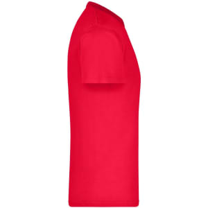 A red T-shirt featuring short sleeves and a fitted design. The shirt includes a logo on the fabric.