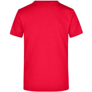 A red T-shirt featuring a plain back design and a logo on the neck.