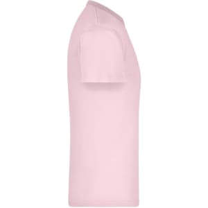 A pink T-shirt with a classic crew neck design and short sleeves, featuring a logo on the side.