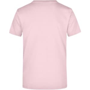 A pink T-shirt with a plain back, featuring a logo on the front.