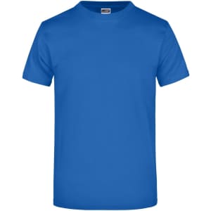 A blue T-shirt with a round neckline and short sleeves. The shirt features a logo on the front.