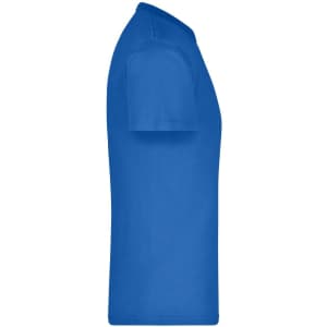A blue T-shirt in a side view, featuring a simple design and a logo. The fabric appears smooth and casual.