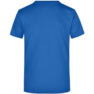 A blue T-shirt featuring a plain design with a logo on the back.