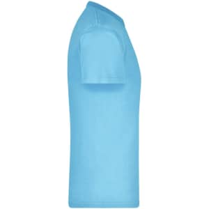 A light blue t-shirt displayed from the side, featuring short sleeves and a smooth texture. It has a branding logo.