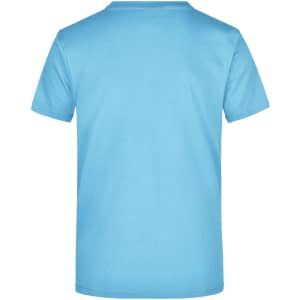 A blue t-shirt featuring a plain back design and a logo on the neckline.