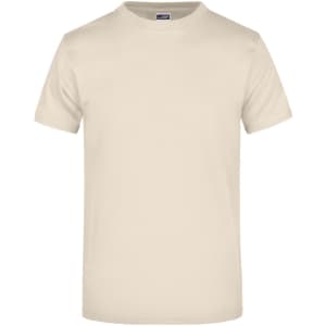 A beige t-shirt featuring short sleeves and a round neck, with a logo on the neckline.