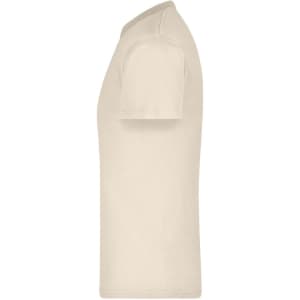 A side view of a beige T-shirt featuring a short sleeve design and a logo.