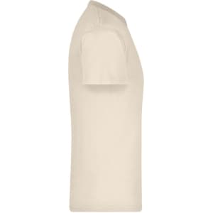 A light beige T-shirt displayed from the side, featuring a crew neck and short sleeves. It has a subtle logo.