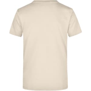 A beige t-shirt with a round neck and short sleeves, featuring a logo on the back.