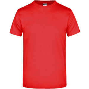 A red T-shirt with a round neck and short sleeves, featuring a branding logo.