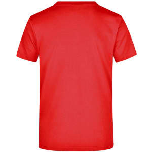 A red T-shirt with a plain back. The shirt features a logo on the front.