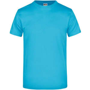 A bright turquoise t-shirt with a classic round neck and short sleeves, featuring a logo.