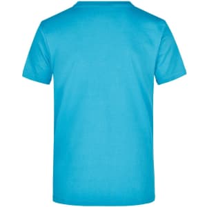 A bright blue t-shirt with a short sleeve and a plain back, featuring a logo.
