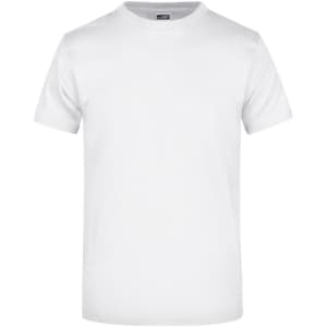 A white short-sleeved T-shirt with a round neckline and a logo on the label.