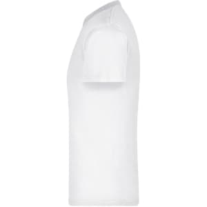 A white t-shirt with short sleeves and a rounded neckline. It has a logo on the front.
