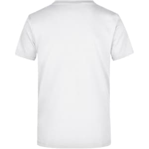 A white t-shirt with short sleeves and a plain back. It features a logo on the back.