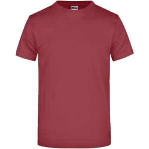 A plain red t-shirt with short sleeves and a round neckline, featuring a logo on the label.