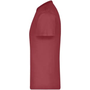 A red t-shirt displayed from the side, featuring a simple design and a subtle branding logo.