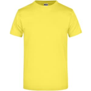 A bright yellow T-shirt with a standard crew neck and short sleeves, featuring a branding logo.