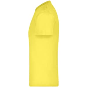 A side view of a bright yellow t-shirt with a short sleeve design and a brand logo.