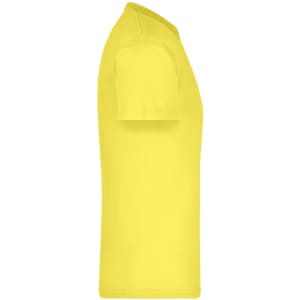 A yellow t-shirt with a round neckline and short sleeves, featuring a logo.